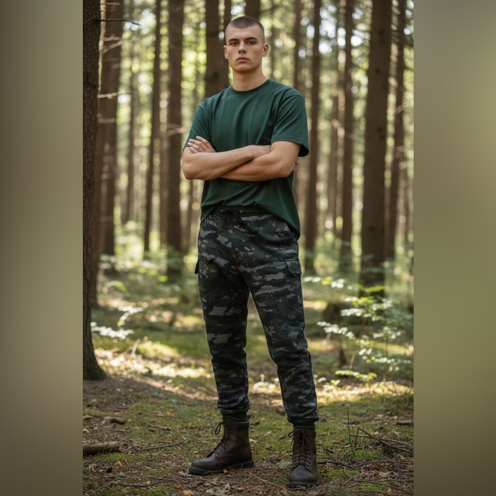 Camo Cargo Jogger Pants Mens Large Green Stretch Tactical Zip Pocket Athleisure - Picture 4 of 12